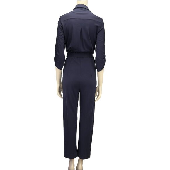 MARC CAIN Preppy Buttonned Polo Collar Belted Roll-Tab Stretch Navy Jumpsuit S - Picture 6 of 10